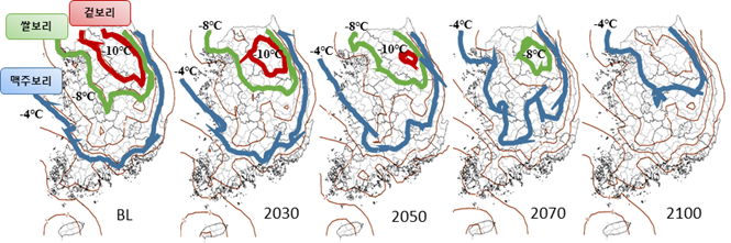 보리 종류별 안전재배 한계선의 변동 예측(RCP8.5) 지도