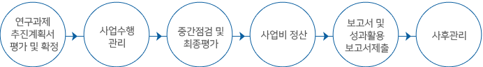 연구과제 추진계획서 평가 및 확정 사업수행관리 중간점검 및 최종평가 사업비 정산 보고서 및 성과활용 보고서제출 사후관리